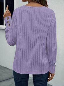 EMERY ROSE Women's Solid Color V-Neck Drop Shoulder Long Sleeve Ribbed Casual T-Shirt - Mauve Purple - View 2
