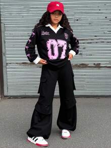 秋冬新款女童休闲时尚日常百搭上衣和工装裤套装，时尚大童女孩服装 - 彩色 - 查看 3