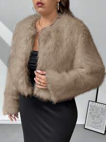 SHEIN Privé 秋冬大码女式仿皮草无领夹克 - 卡其色 - 查看 8