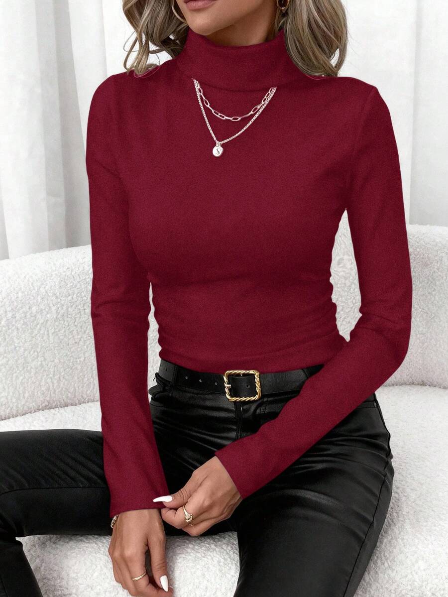 SHEIN Clasi قميص تي شيرت نسائي كاجوال بياقة عالية ضيق بأكمام طويلة، مناسب للخريف/الشتاء، متعدد الاستخدامات وملائم للجميع، لون بوردو - عنابي اللون - مشاهدة 1