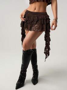 SHEIN ICON Low Waist Vacation Style Casual Sexy White Lace Ruffle Hem Mini Skirt With Safety Shorts To Prevent Upskirt - Brown - View 3