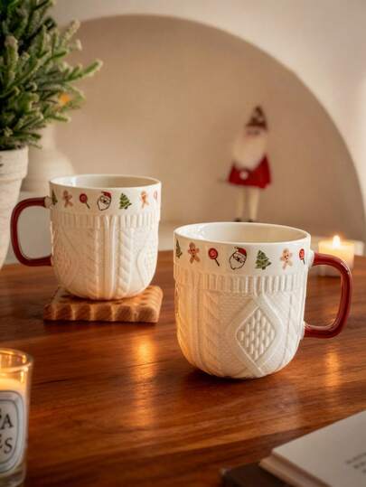 Cirelle 1 个圣诞杯，带有圣诞毛衣浮雕图案，11.8 盎司圣诞马克杯，配有可爱的圣诞树姜饼人糖果，用于咖啡牛奶水拿铁摩卡卡布奇诺完美的圣诞礼物节日餐具、圣诞装饰、圣诞礼物