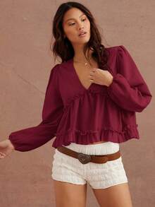 WESTFADE Áo dài tay Babydoll cổ chữ V dệt kim và dệt kim hỗn hợp màu đỏ ngày lễ tình nhân - Màu Đỏ Sâu - Xem 3