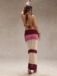 SHEIN Glamour Pink Stripe,Autumn,Boho,Vacation,Holiday Ladies' Elegant Knit Sleeveless Top & Long Hem Skirt Two Pieces Set,Fashion Crochet Party Outfit - Multicolor - View 2