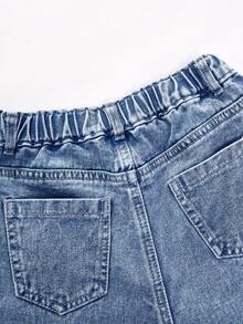 ChillGRL Tween Girls' Sweet & Cute Casual Fashion Washed Blue High Waist Elastic Waistband Five-Pointed Star & Heart Print Wide Leg Jeans, Suitable For Daily School, Weekend Outing, And Party Occasions