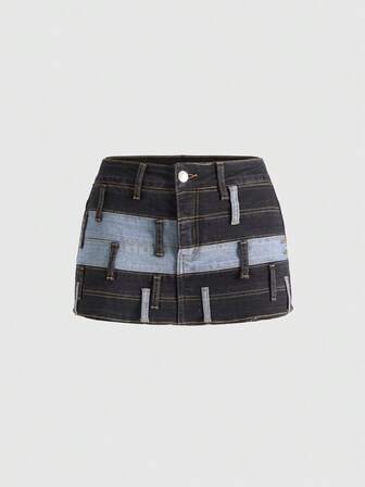 Grunge Punk Gonna di jeans mini a vita elastica, stile casual streetwear, con patchwork a contrasto di colore per le donne