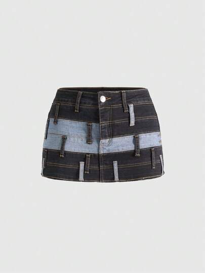 Grunge Punk Gonna di jeans mini a vita elastica, stile casual streetwear, con patchwork a contrasto di colore per le donne