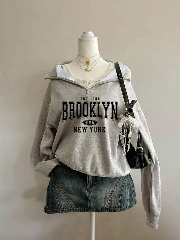 Attitoon Sudadera con capucha de forro polar de cuello alto y media cremallera, estilo universitario retro estadounidense, informal y holgada, unisex, adecuada para otoño/invierno