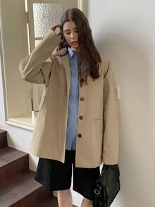 Dazy Kids 少女纯色长袖单排扣休闲口袋风衣，秋季 - 卡其色 - 查看 3