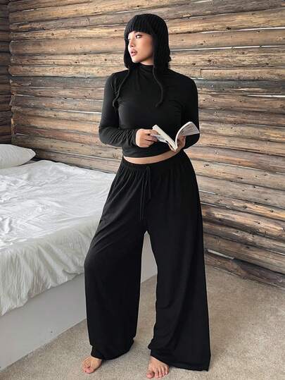 Dazy Plus Plus Size Women Elastic Waist Drawstring Straight Leg Sleepwear Bottoms, Solid Color Lounge Pants, For Fall & Winter Pajamas
