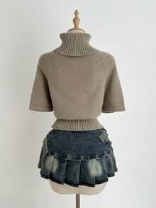 Elamini Maglione da donna con collo a lupetto, maniche corte e colletto a cappuccio, design alla moda per un uso versatile quotidiano, adatto per l'autunno/inverno - Cachi - Visualizzare 2