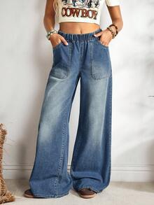 EMERY ROSE 女式松紧腰休闲宽松牛仔裤，带口袋，适合日常穿着 - 藍色 - 查看 3