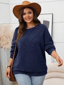 EMERY ROSE 大码女式纯色圆领落肩长袖休闲抓绒卫衣，秋冬新年圣诞派对保暖舒适，适合大码女式冬季穿着，新年外出，2025新款，简约时尚，日常穿着，大码冬季，圣诞节，新年，约会之夜