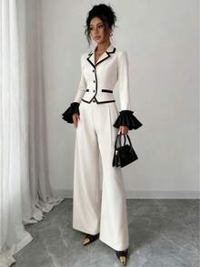 Selianne 时尚法式优雅撞色女士两件套 - 米色 - 查看 1