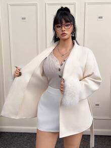 CovetEZ Plus Size Women's Autumn/Winter Shawl Neck Belted Fuzzy Cuff Overcoat - Beige - View 7