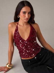 SHEIN BAE 秋冬夜店派对时尚性感亮片吊带露背吊带上衣，派对上衣，夜店上衣，女士时尚上衣，亮片上衣，情人节 - 酒紅色 - 查看 3