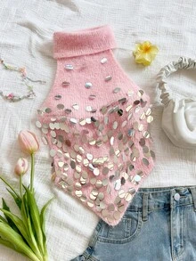 Soleia 春夏新款休闲度假西部海滩婚礼宾客着装毕业早午餐女士圣帕特里克节春假复活节音乐节优雅波西米亚热带风情高领亮片装饰派对针织上衣 - 粉色 - 查看 1