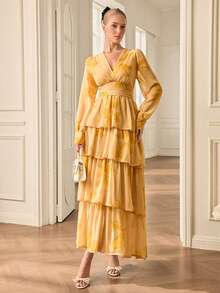 Chiquease Đầm xòe xếp tầng cổ chữ V tay dài bằng vải voan họa tiết cọ thanh lịch/In ngẫu nhiên - Màu vàng - Xem 3