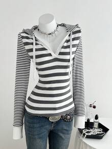 Elamini Áo thun dài tay có mũ sọc đen xám cổ điển dành cho nữ - Nhiều màu - Xem 4