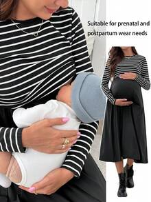 SHEIN 条纹纯色拼布长袖哺乳连衣裙 - 黑色 - 查看 1