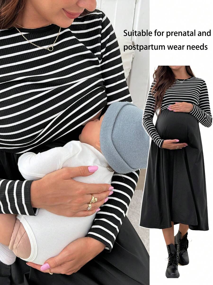 SHEIN 条纹纯色拼布长袖哺乳连衣裙 - 黑色 - 查看 1