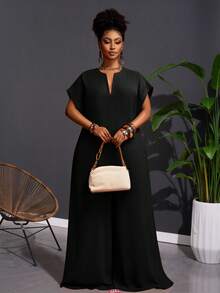 Veslaya Bộ đồ liền thân ống rộng tay ngắn cổ chữ V màu sô cô la thanh lịch mới 2025, cỡ lớn dành cho nữ, mùa hè - màu đen - Xem 11