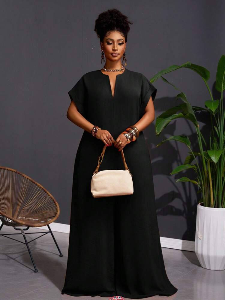 Veslaya 2025 New Vintage Elegant Chocolate V-Neck Short Sleeve Wide Leg Jumpsuit, Plus Size Women, Summer - Black - View 11