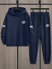 EGENSIO 2pcs Men's Casual Los Angeles Slogan Graphic Hooded Sweatshirt And Sweatpants Set, Winter Fall , Christmas Gifts Father Gifts Outfits, Thermal Lined