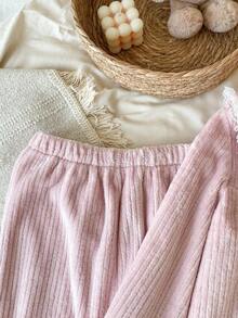 SHEIN Vintaside Kids 青少年女孩休闲蕾丝花边拼接领长袖上衣和裤子两件套睡衣套装 - 藕粉色 - 查看 7