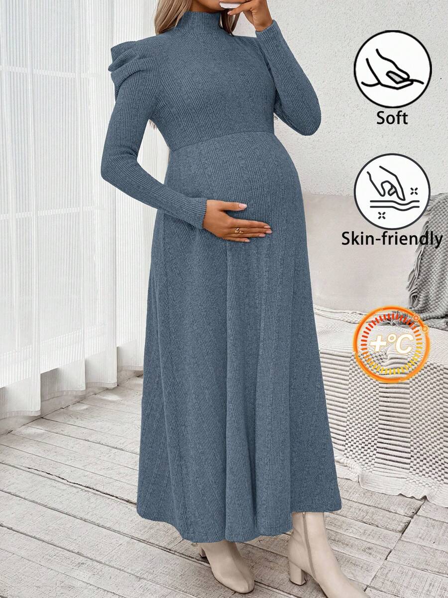 SHEIN 孕妇休闲纯色立领连衣裙,秋冬 - 藍色 - 查看 1