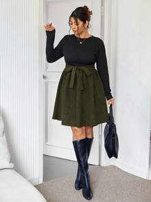 SHEIN Frenchy 大码女式高领黑色针织长袖上衣搭配卡其色灯芯绒 A 字裙，大码连衣裙适合日常穿着、约会、时尚 - 彩色 - 查看 6