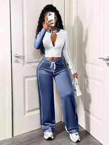 SHEIN BamGlam 女式休闲两件套，拼色设计，长袖拉链夹克和抽绳裤，秋季 - 藍白色 - 查看 5