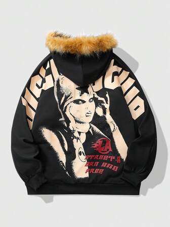 Felpa con cappuccio in pile con stampa di figure e lettere alla moda, autunno/inverno per uomo