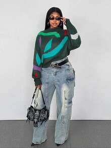 Maweii Plus Size Women Casual Colorblock Crew Neck Sweater, Autumn/Winter - Multicolor - View 5