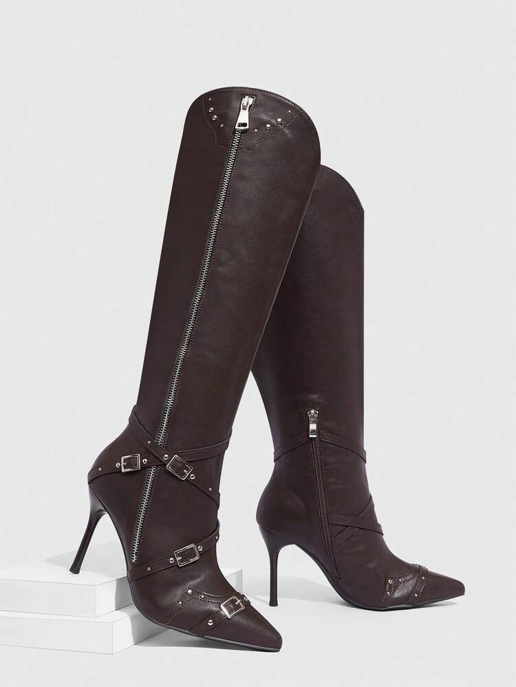 CUCCOO SZL Women's Pointed Toe Stiletto High Heel Boots, Silver Zipper Decor, Brown PU Material, Fashion Comfortable For Daily, Party, Banquet, Side Zipper