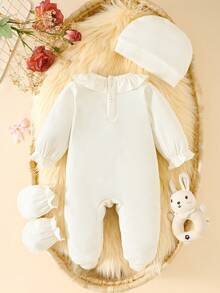 3件套新生儿女宝宝秋季服装，公主风连体衣，适合100天左右，春秋季 - 米色 - 查看 3