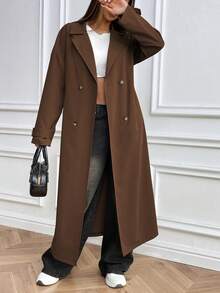 Ritzy Row 女式纯色时尚长款双排扣风衣 - 咖啡棕 - 查看 5