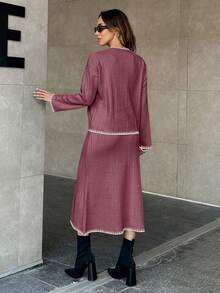 EURMUSE Women Solid Color Rib Knit Handmade Stitch Detailed Sweater & Sweater Skirt Set - Dusty Pink - View 3