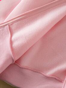 Tween Girl Casual Cute Knitted Thermal Lined Hooded Zip-Up Front Gathered Sleeve Bow Graphic Print Pullover Jacket, Versatile Outerwear