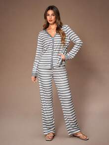 Lazeform 女士经典条纹休闲家居服套装，冬季服装 - 白色 - 查看 5