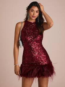 Enchnt Abito mini senza maniche con patchwork di paillettes, moda per feste