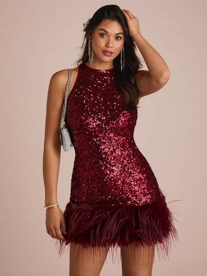 Enchnt Women's Burgundy Red Sequin Patchwork Maomao Sleeveless Mini Dress,Chic&Elegant 70s Autumn Party Dress,Halloween Costume,Christmas&New Year Outfits