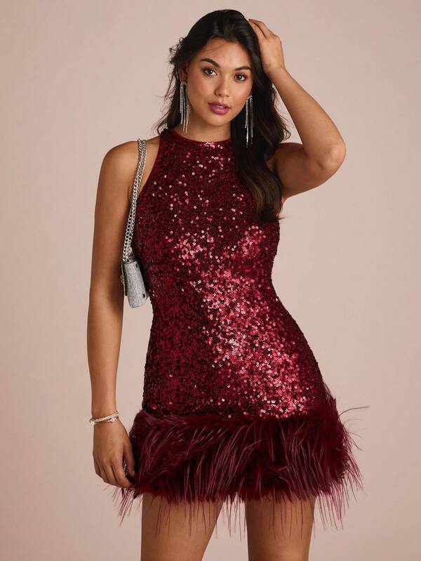 Enchnt Winter Romantic Women's Red Sequin Patchwork Maomao Sleeveless Mini Dress,Chic&Elegant For Fashion Party&Birthday&Formal ,Halloween Costume For Women,Christmas Dress,New Year Dress,Sexy Dress,Red Dress,Winter Dresses For Women,Winter Clothes For Dresses , Winter Outfits For Women,Red Dress,Christmas,New Year Dress,Red Dresses For Women,Christmas Dresses For Women