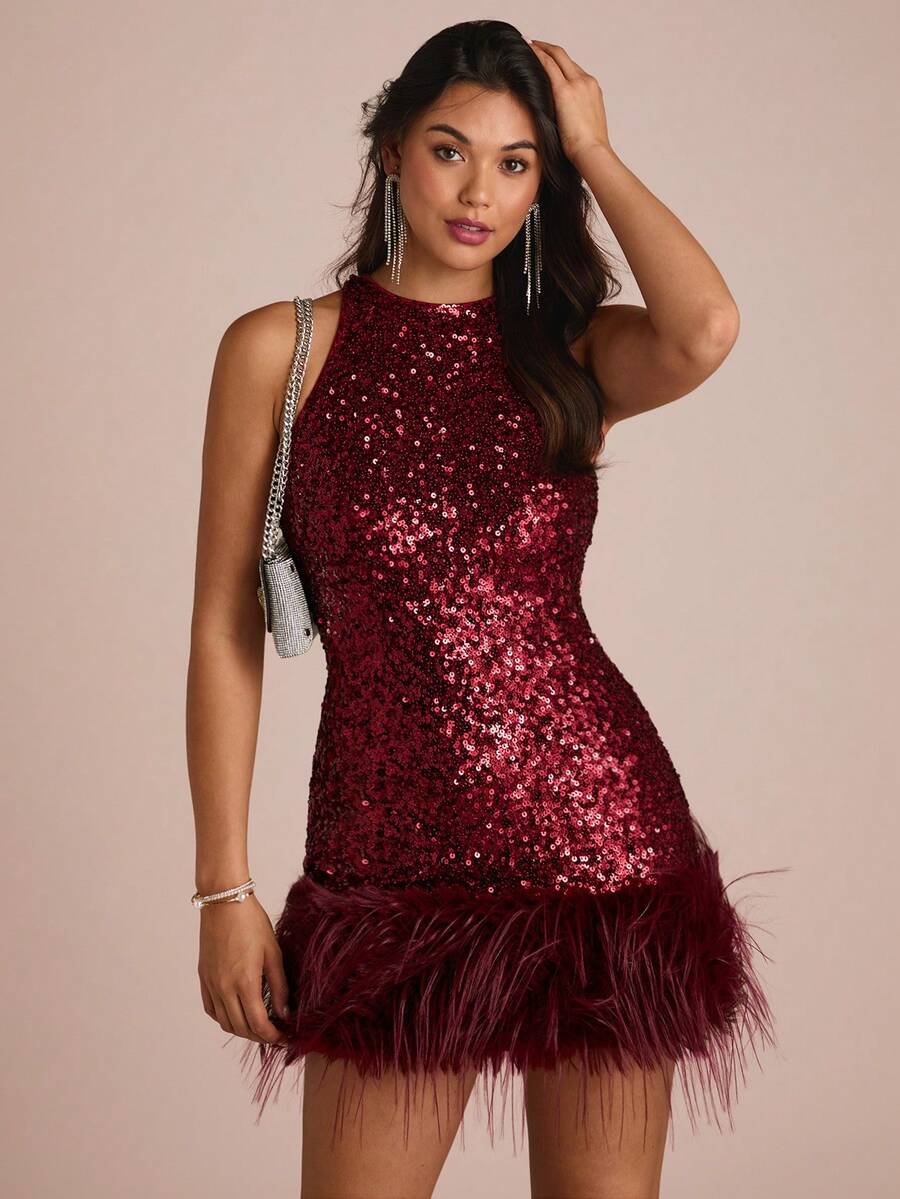 Enchnt Abito mini senza maniche con patchwork di paillettes, moda per feste