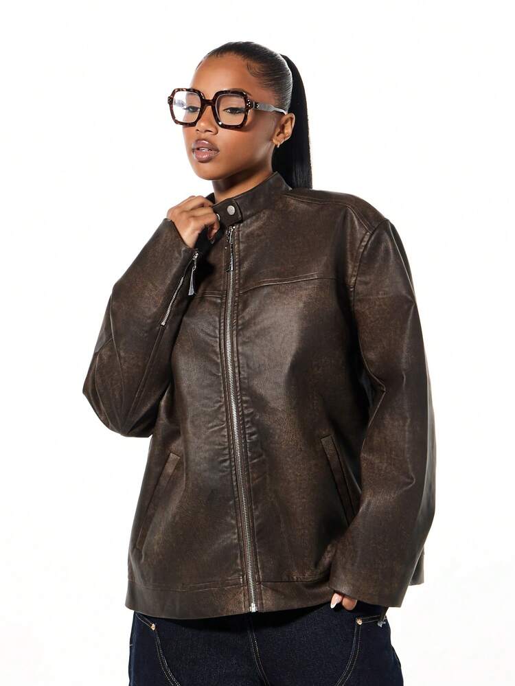 SUMWON WOMEN Oversized Brown Leather Biker Jacket With Stand Collar