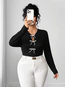 SHEIN Elenzya Áo thun bó eo cao cấp cổ tròn tay dài màu tương phản cỡ lớn dành cho nữ mặc thường ngày - Đen và trắng - Xem 4
