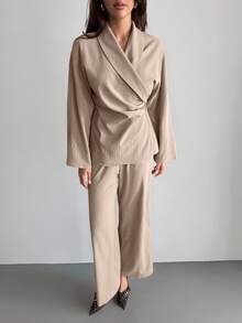 Aloruh Bộ thời trang vải lanh xám: Áo sơ mi dài tay cổ bẻ + Quần ống đứng - Màu Khaki - Xem 7