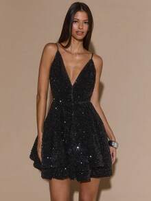 SHEIN BAE 女式渐变亮片装饰露背系带深 V 领性感闪亮迷你连衣裙，适合派对、狂欢、约会之夜、舞会、返校节、鸡尾酒会、生日、感恩节 - 黑色 - 查看 6