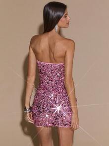 SHEIN BAE Women's Solid Color Sequin Strapless Sexy Glamorous Mini Dress - Pink - View 2