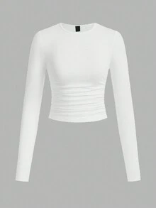 SHEIN EZwear 3件套女士休闲纯色圆领褶皱长袖T恤，秋冬 - 彩色 - 查看 3